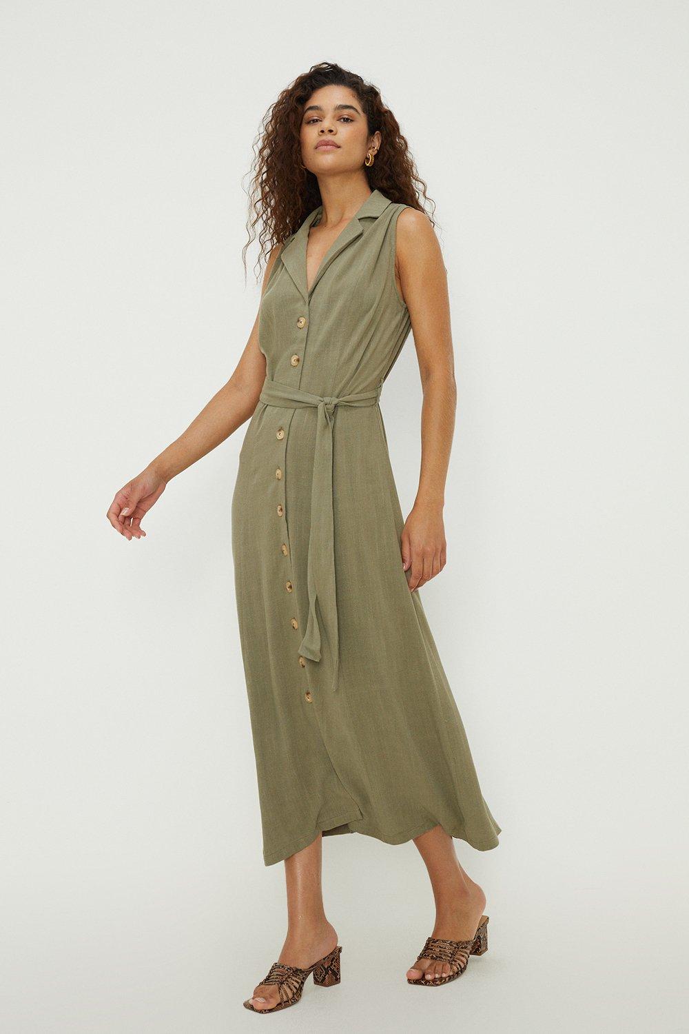 Women’s Tall Linen Button Front Sleeveless Dress - khaki - 10