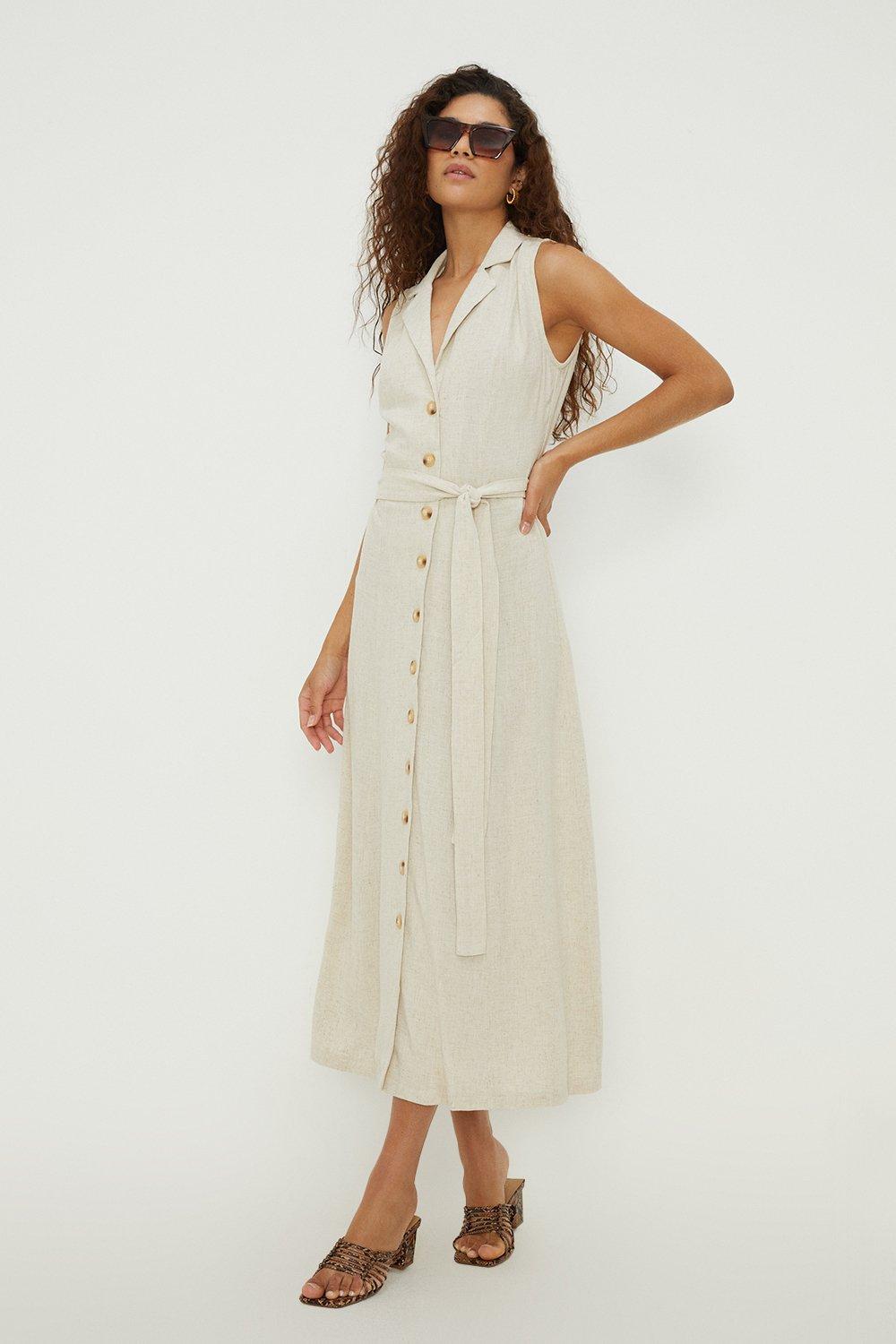 Women’s Tall Linen Button Front Sleeveless Dress - oatmeal - 8
