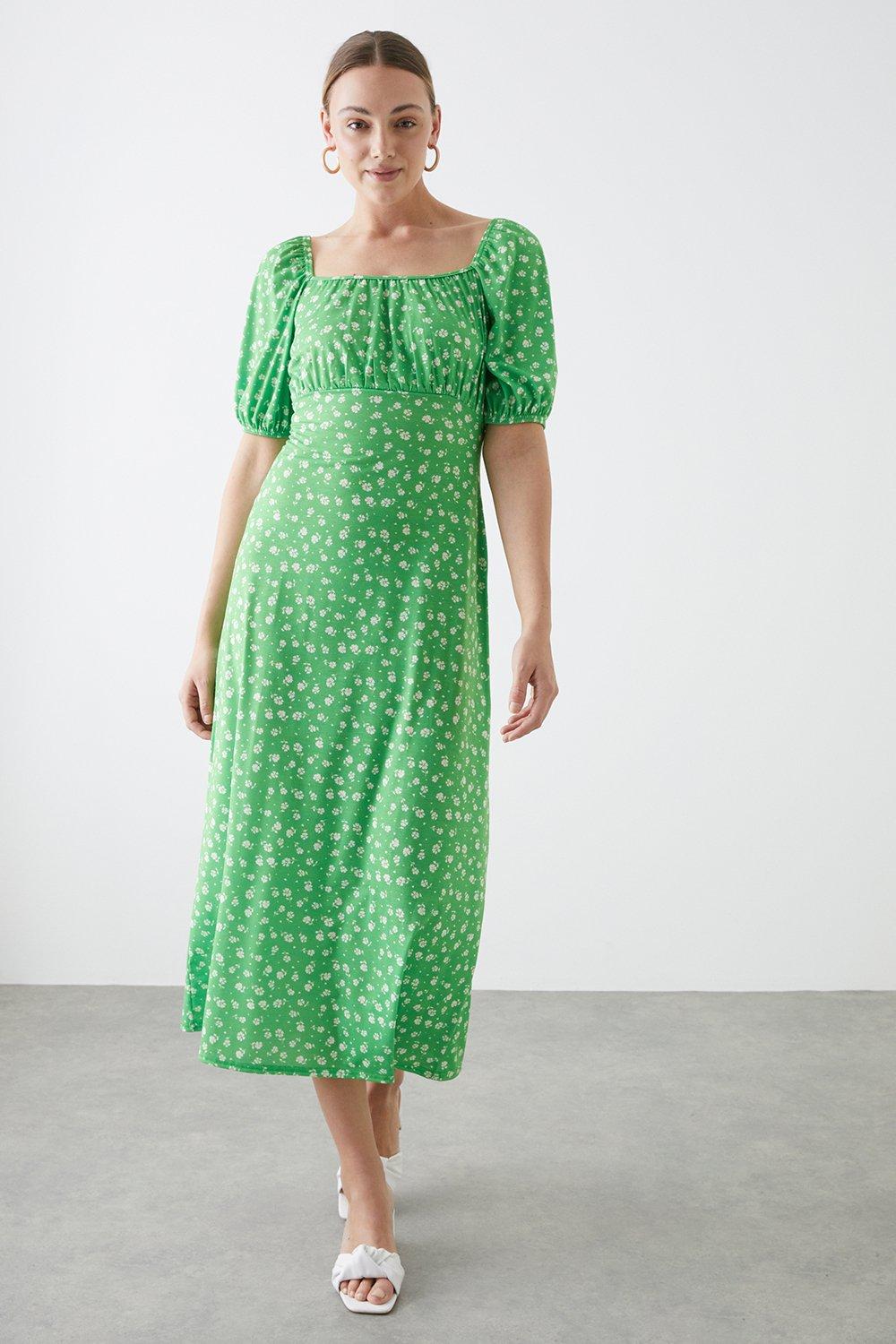 Women’s Tall Green Floral Short Sleeve Midi Dress - 10