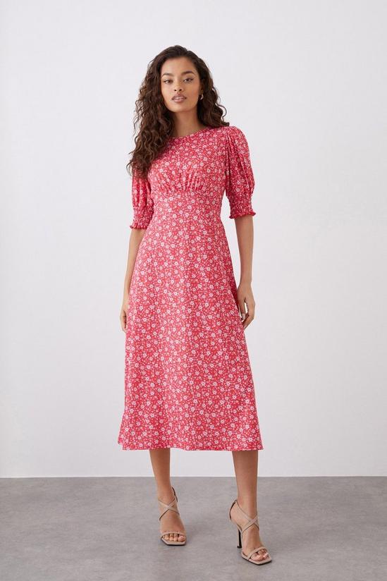 Dorothy Perkins Petite Red Floral Shirred Cuff Midi Dress 2