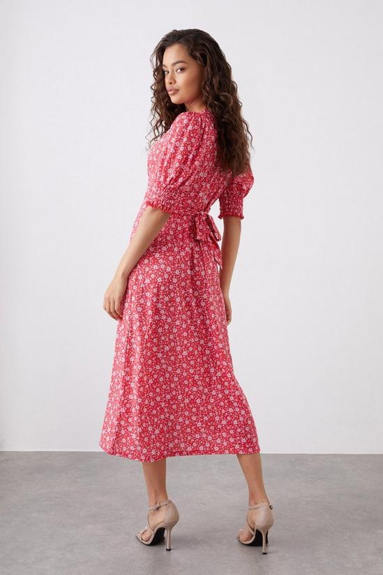 Dorothy Perkins Petite Red Floral Shirred Cuff Midi Dress 3