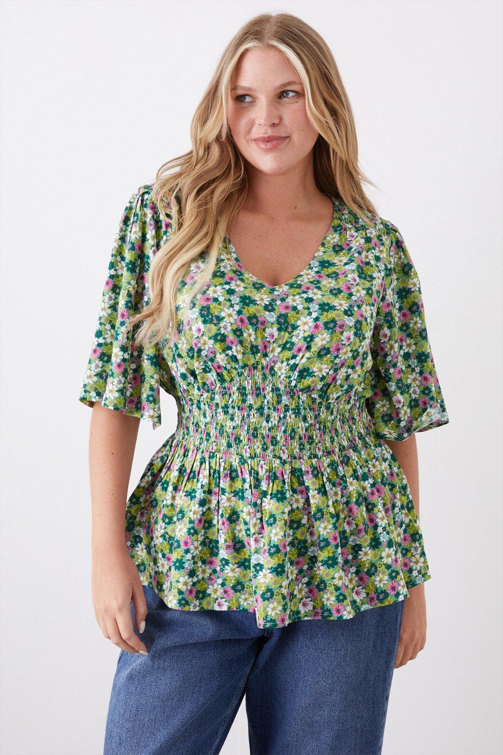 Womens Curve Green Floral Shirred Waist Blouse
