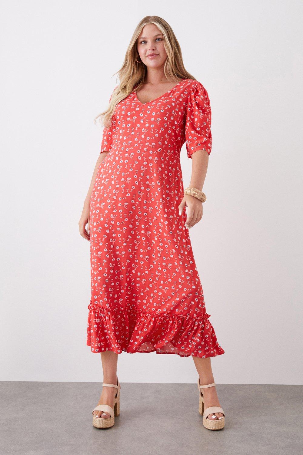 Women’s Curve Red Floral Tirered Short Sleeve Midi Dress - 22