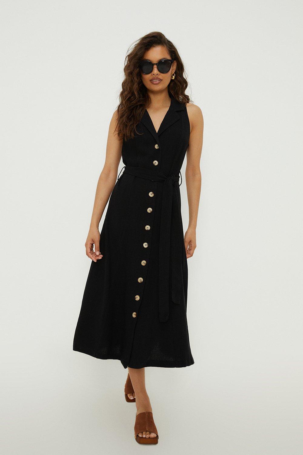 Women’s Petite Linen Button Front Sleeveless Dress - black - 8