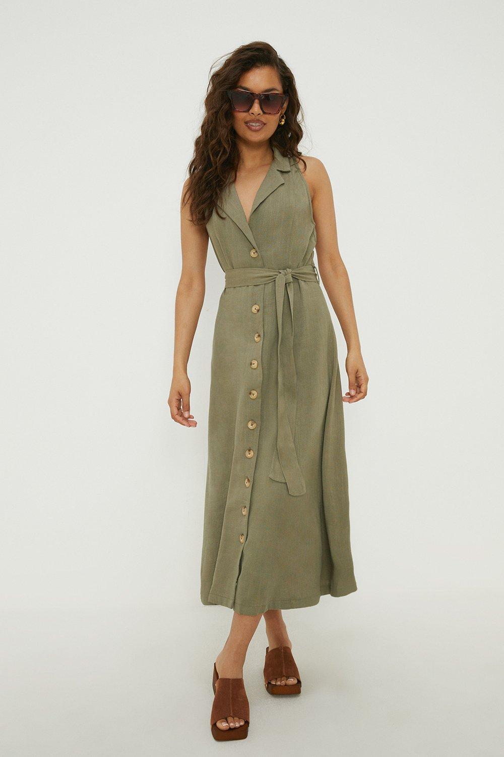 Women’s Petite Linen Button Front Sleeveless Dress - khaki - 14