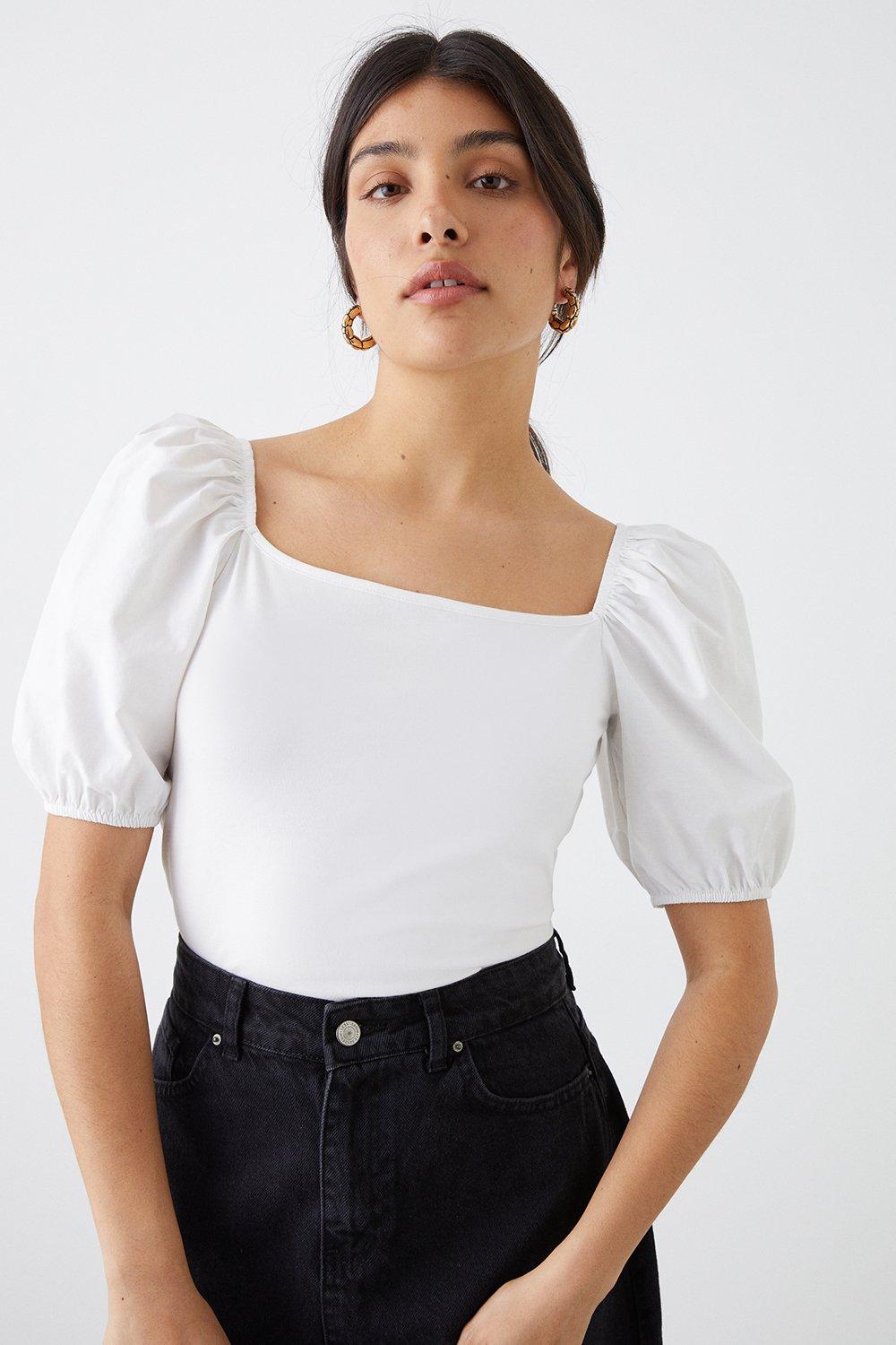 Women’s Square Neck Poplin Sleeve Top - white - XL