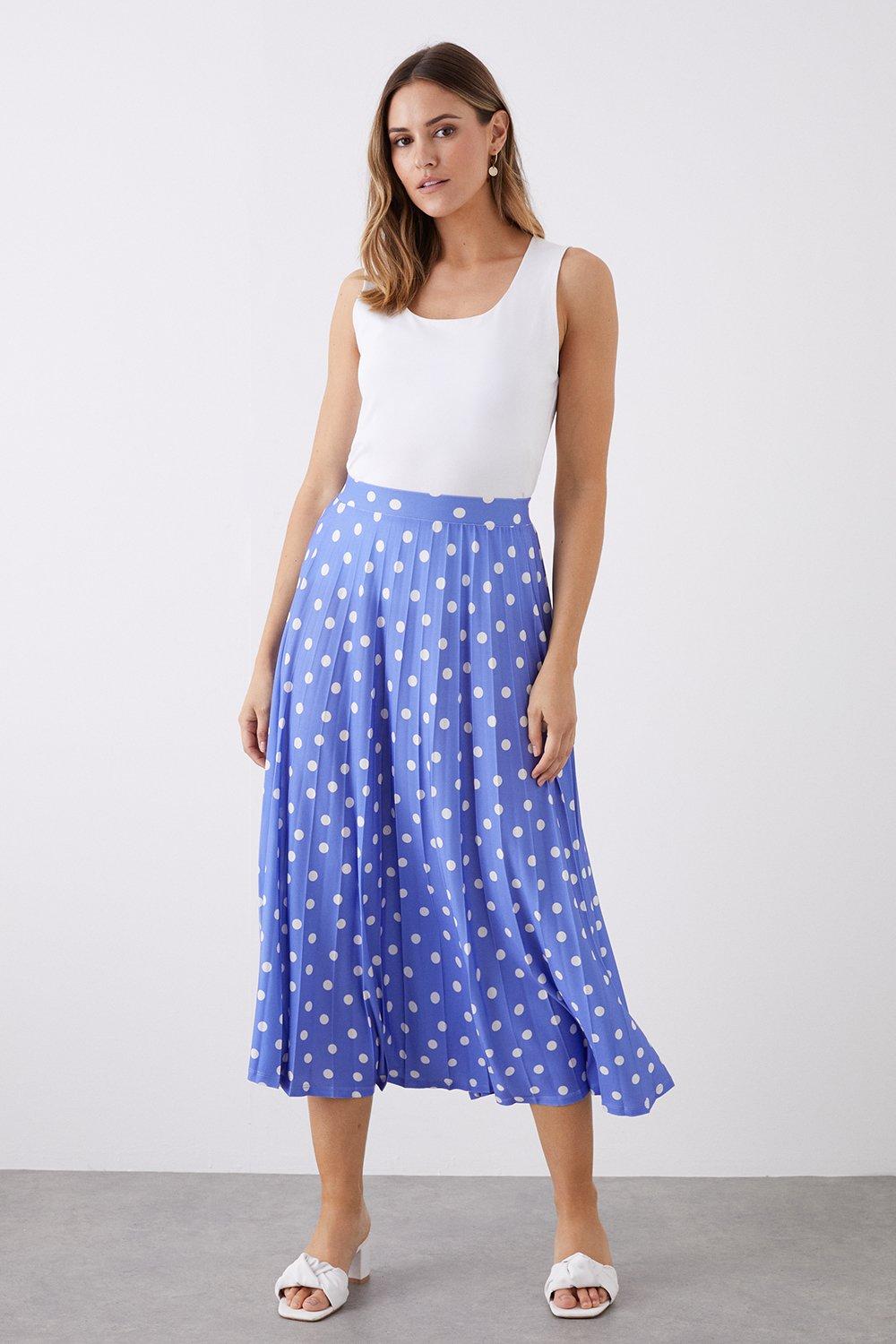 Womens Blue Spot Printed Pleated Midi Skirt