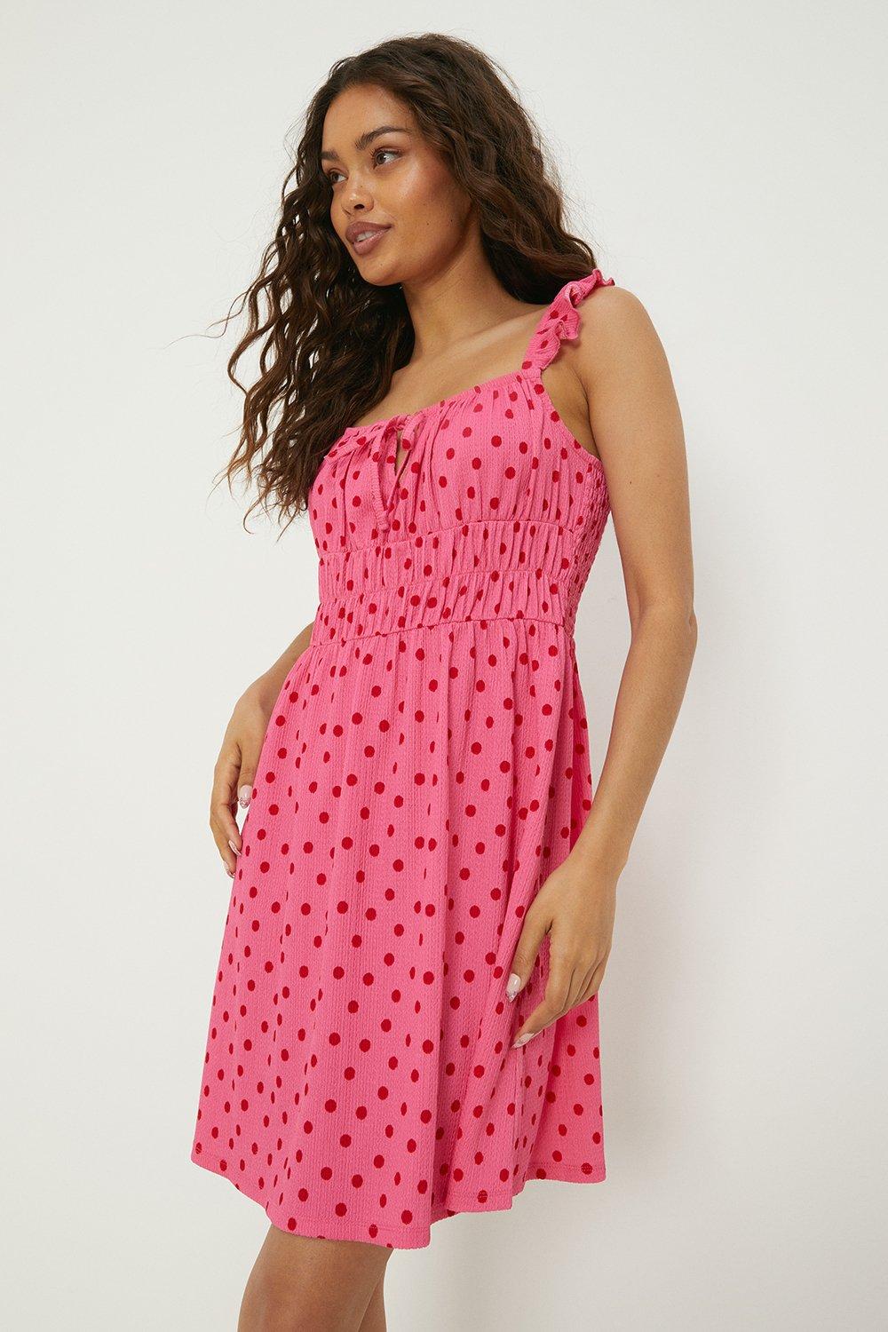 Women’s Petite Pink Spot Ruffle Mini Dress - 6