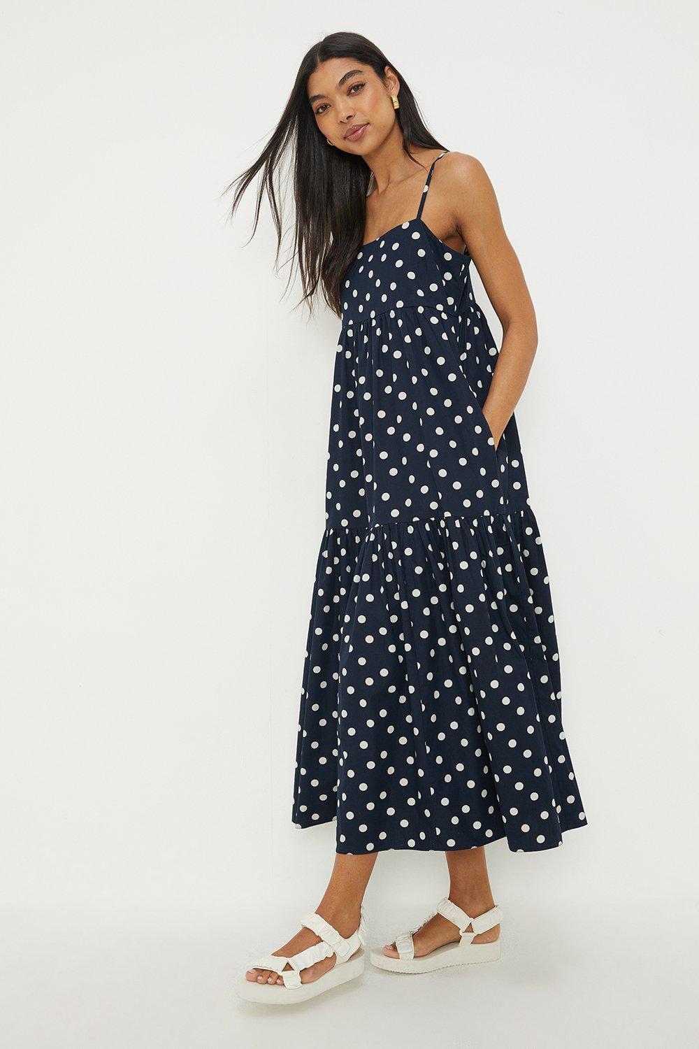 Dresses | Navy Spot Strappy Tiered Midi Dress | Dorothy Perkins