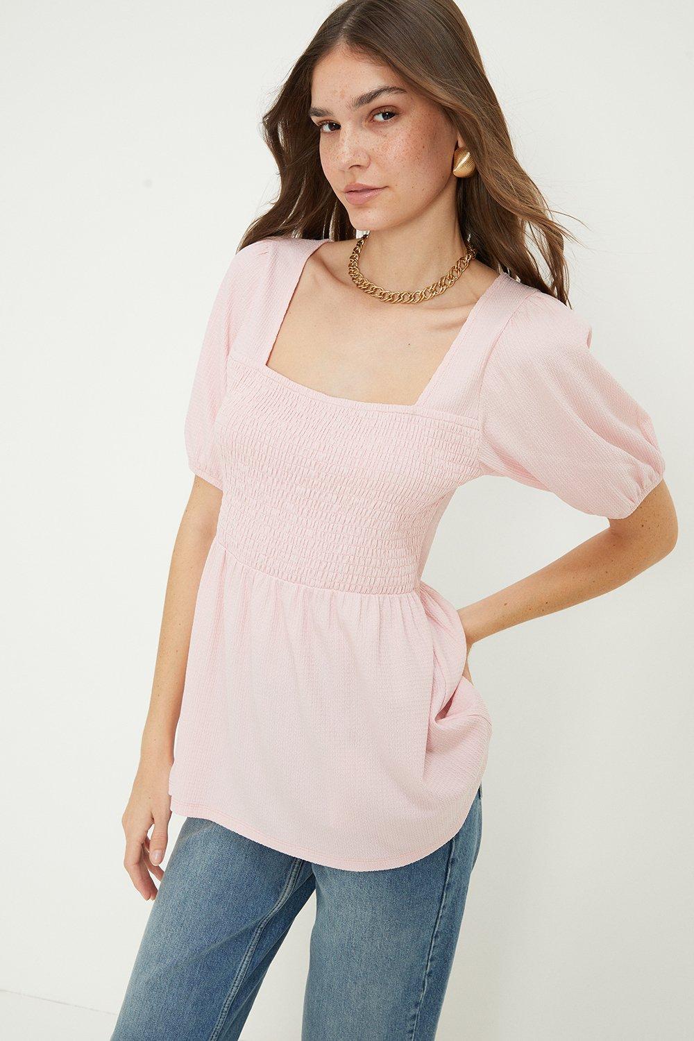 Womens Tall Pink Shirred Short Sleeve Blouse