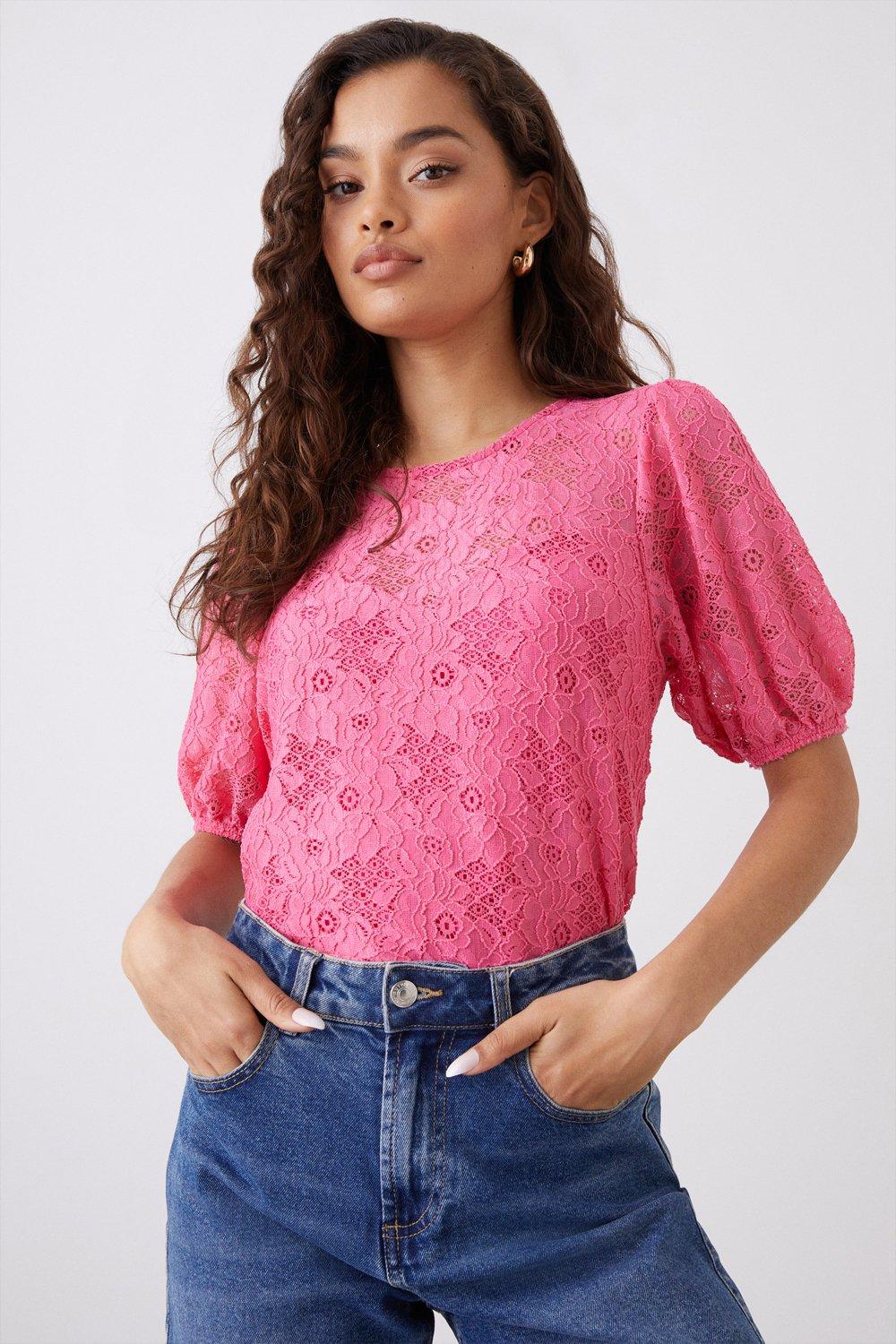Womens Petite Pink Lace Top