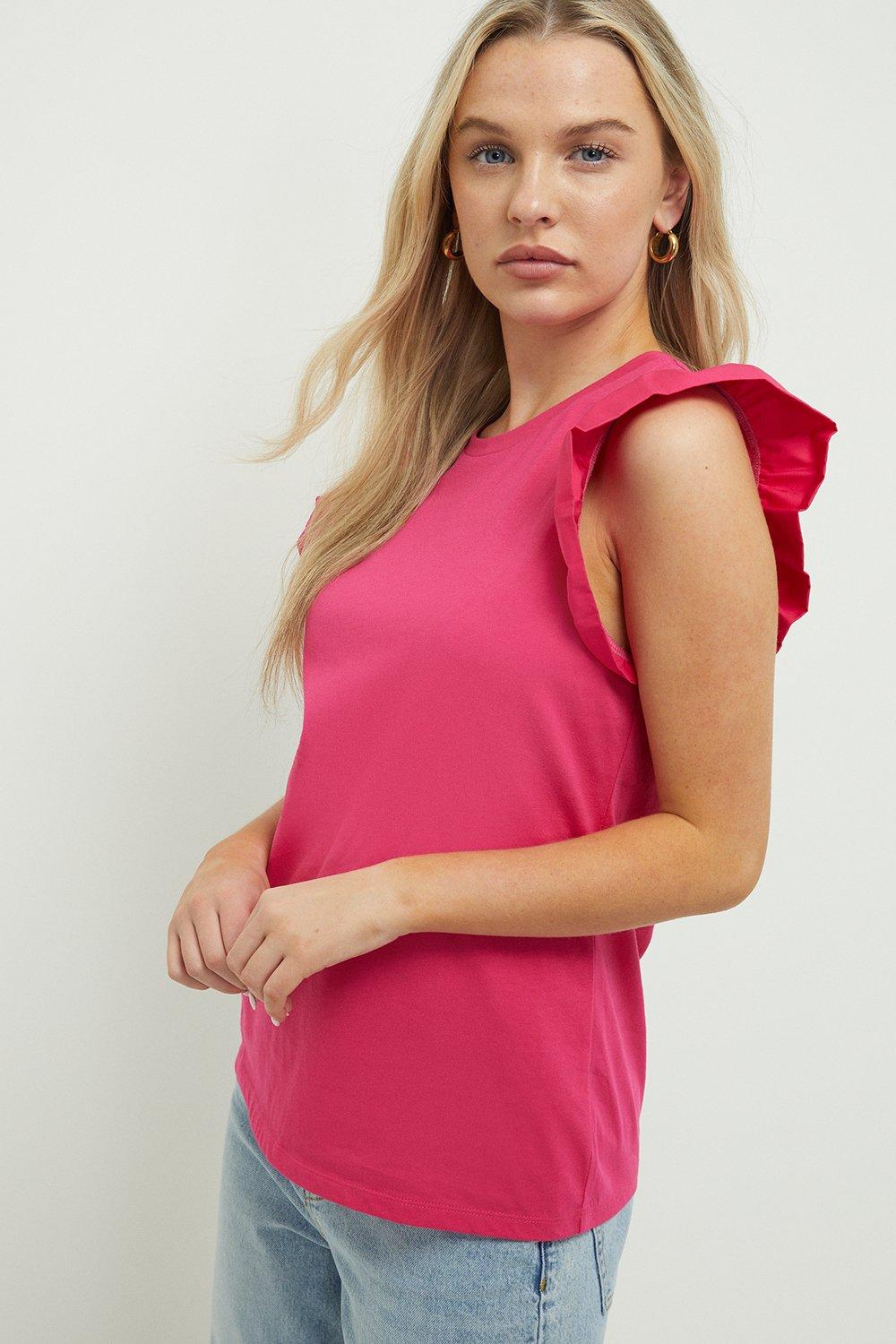 Women’s Petite Poplin Ruffle Sleeve Top - pink - XS