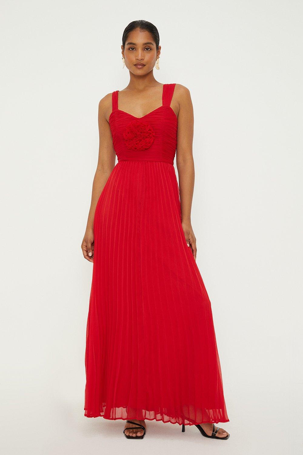 Women’s Chiffon Pleated Corsage Dress - red - 10