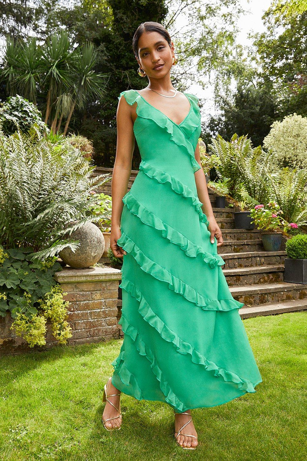 Dresses, Green Strappy Ruffle Maxi Dress