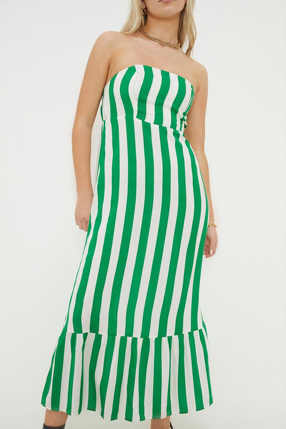 Women’s Petite Green Stripe Bandeau Frill Hem Midi Dress - 14