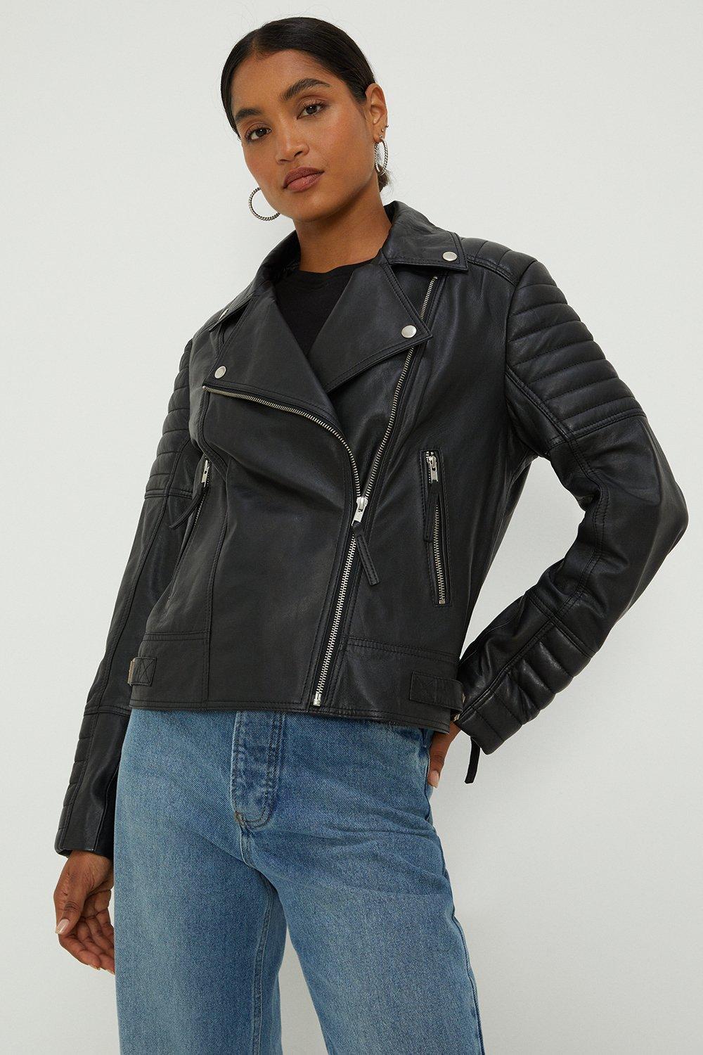 Women’s Quilted Panel Real Leather Biker Jacket - black - S