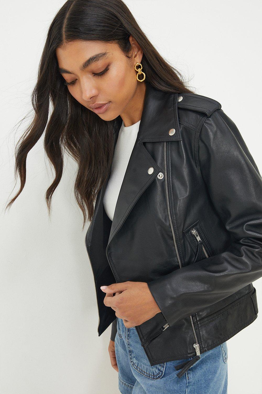 Women’s Boxy Cropped Real Leather Jacket - black - S