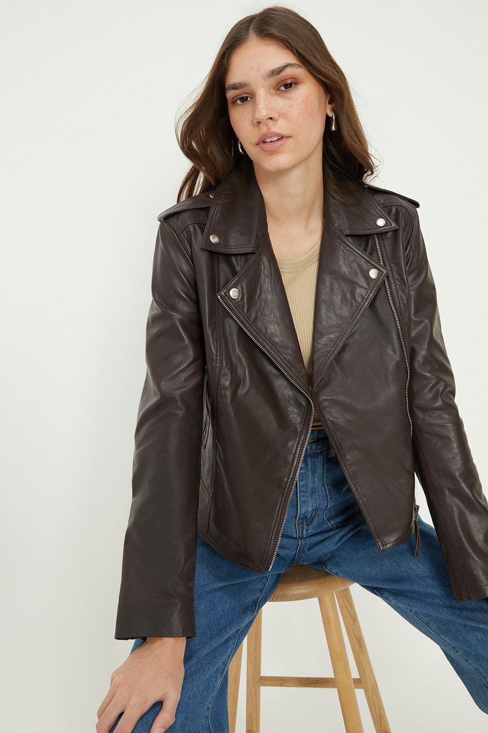 Women’s Boxy Cropped Real Leather Jacket - dark brown - L