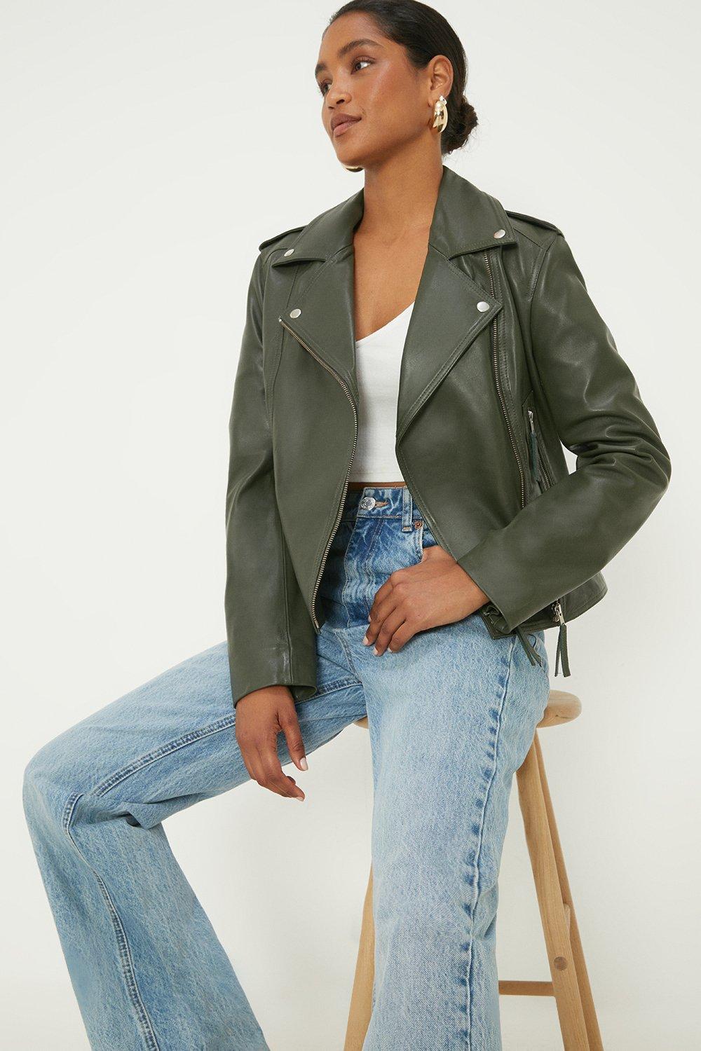 Women’s Boxy Cropped Real Leather Jacket - green - L