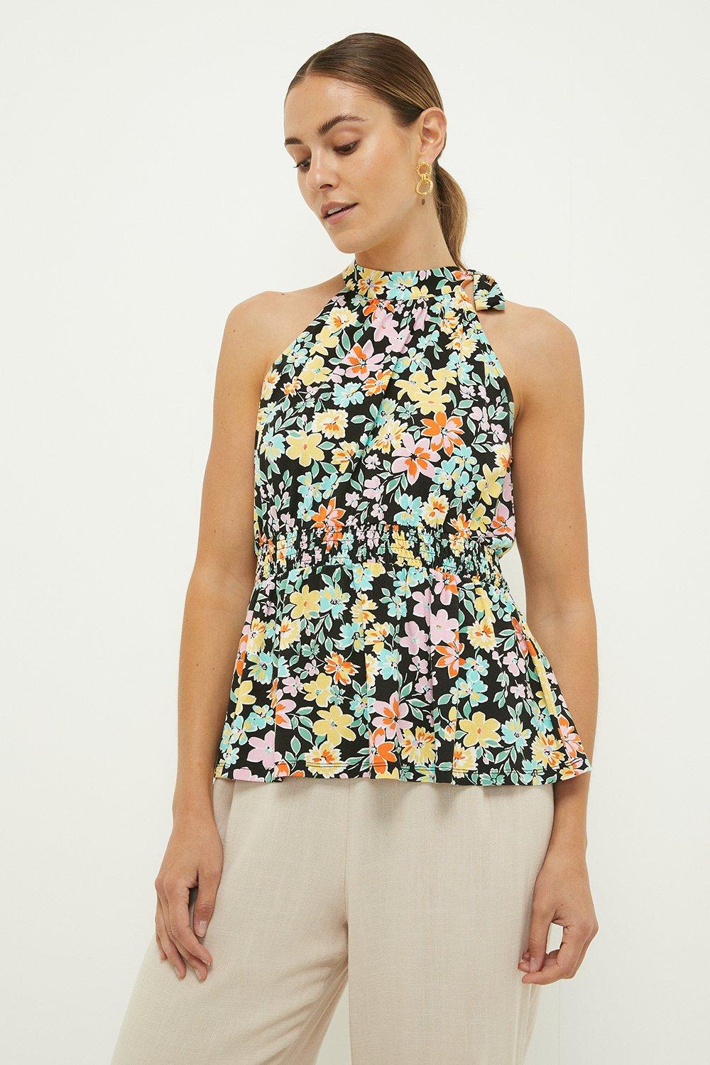 Women’s Shirred Waist Halter Top - floral - XL