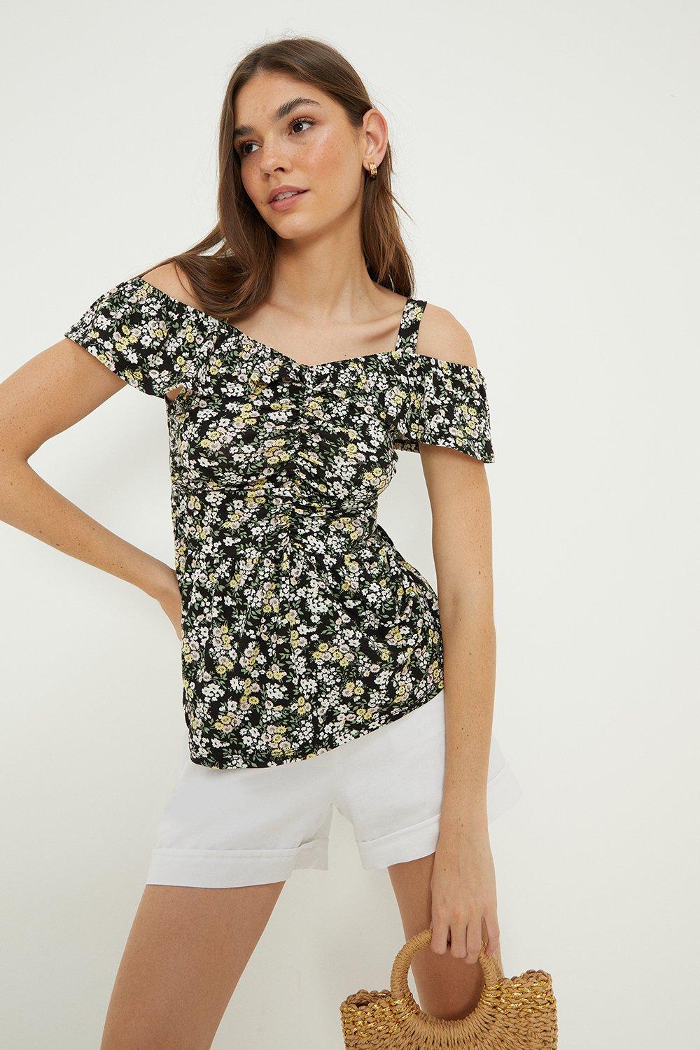Women’s Printed Sweetheart Cold Shoulder Top - floral - L