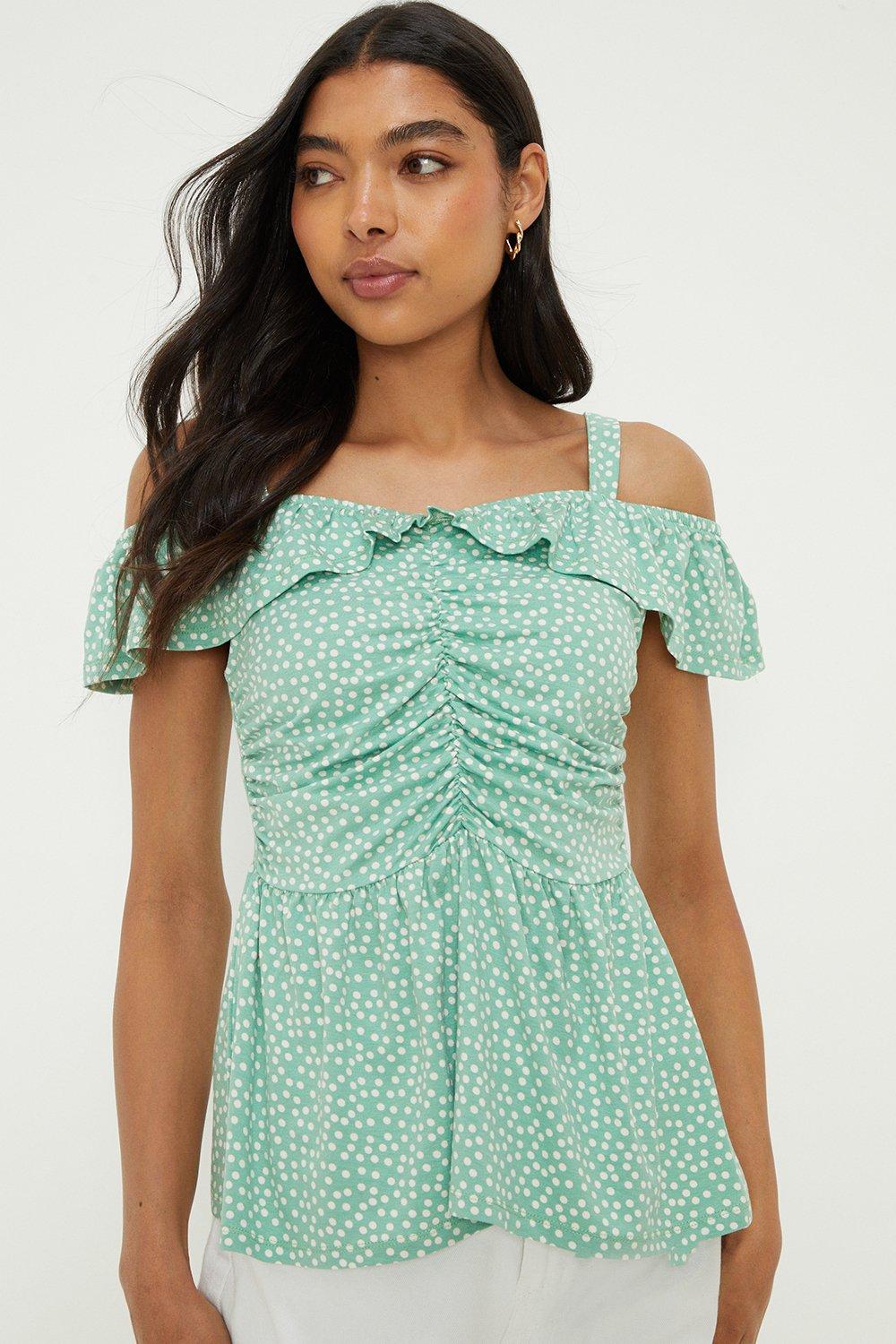 Women’s Printed Sweetheart Cold Shoulder Top - green - M