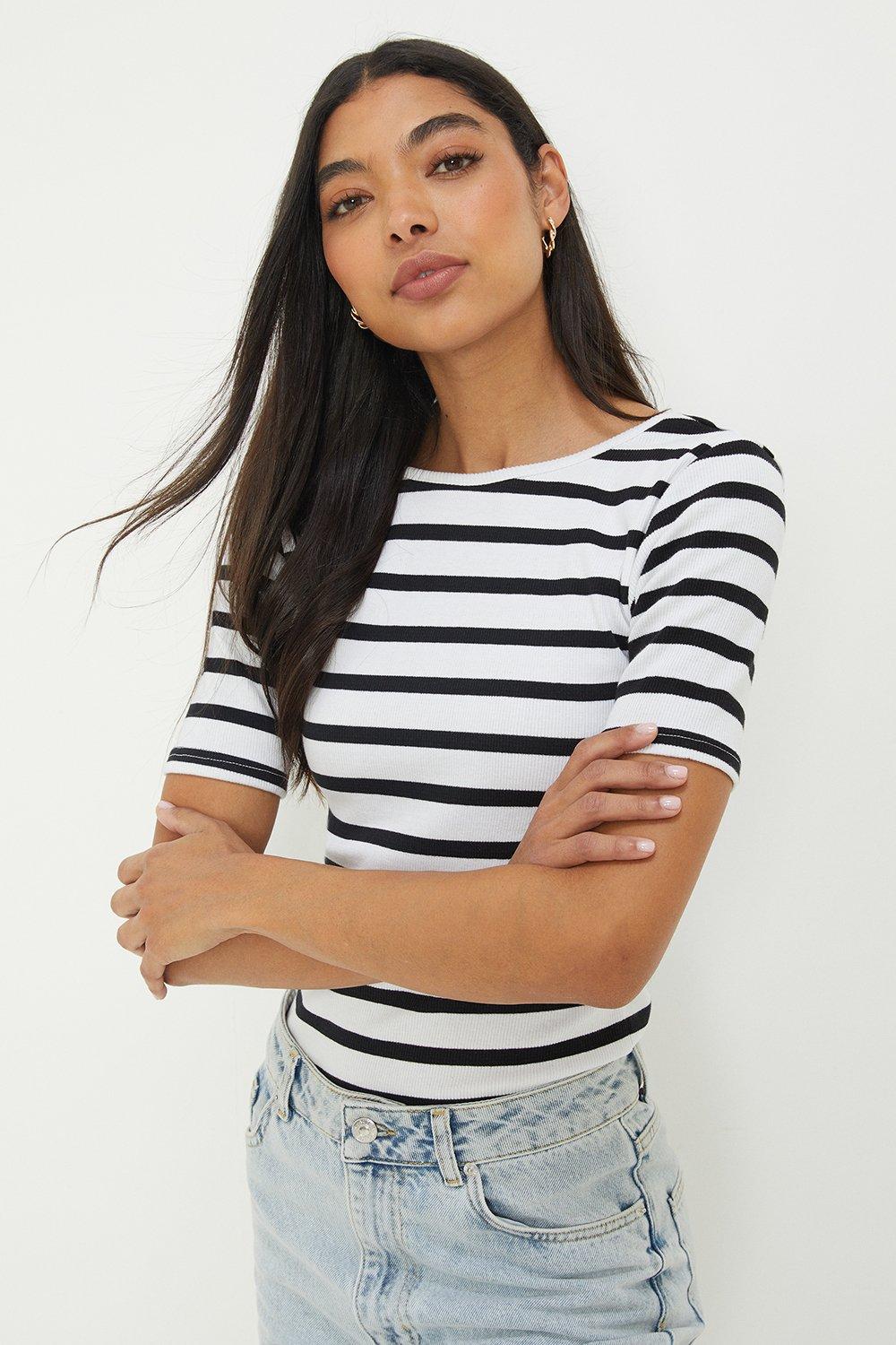 Women’s Rib Scoop Back Fitted Top - stripe - XL