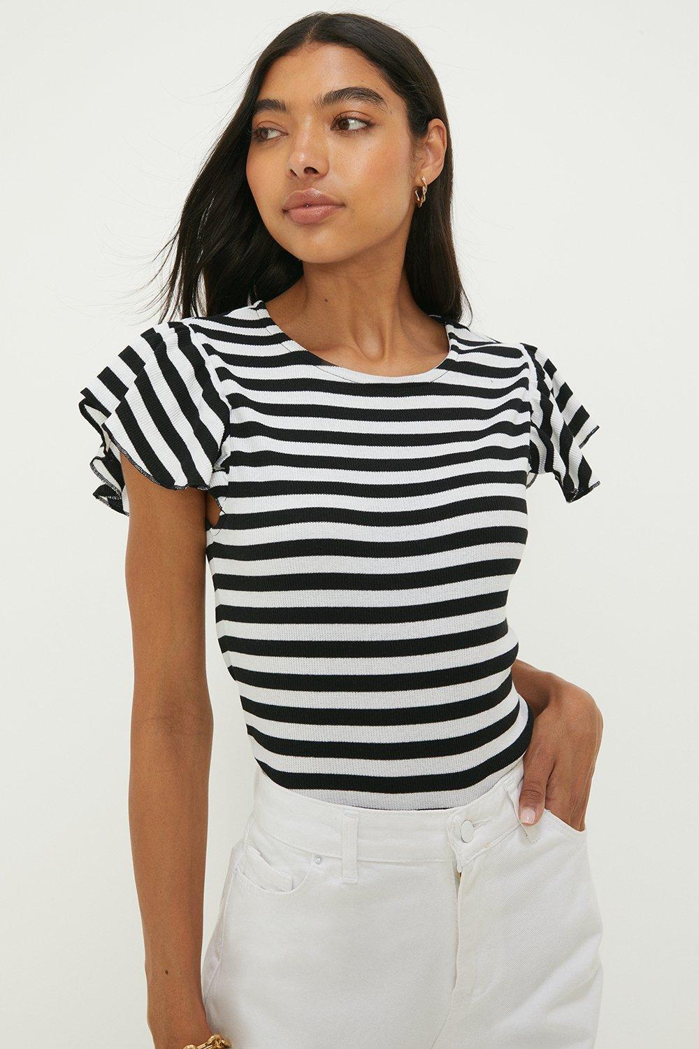 Womens Ruffle Sleeved Striped Top