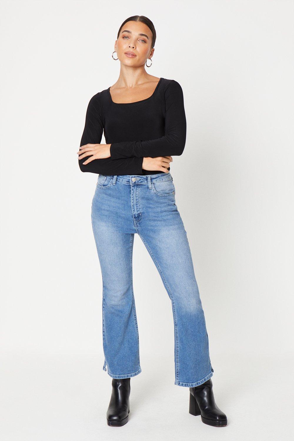 Womens Petite Side Split Stretch Flared Jeans