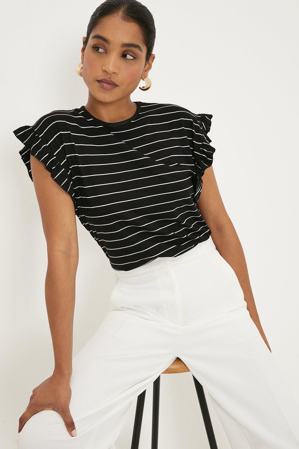 Women’s Frill Trim Stripe T-Shirt - black - L