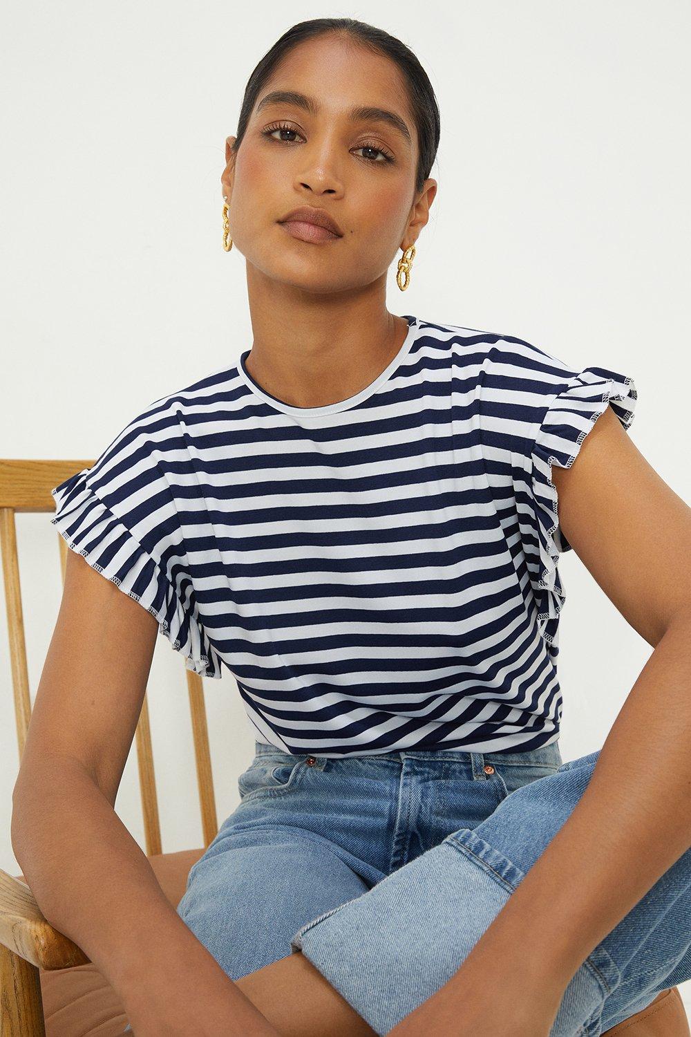 Women’s Frill Trim Stripe T-Shirt - navy - L