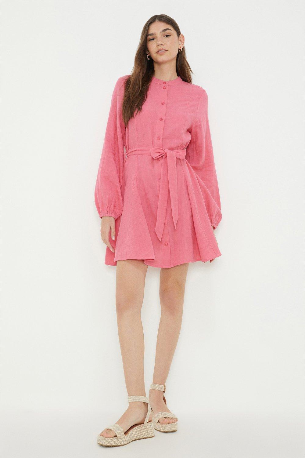 Women’s Belted Shirt Mini Dress - pink - 10