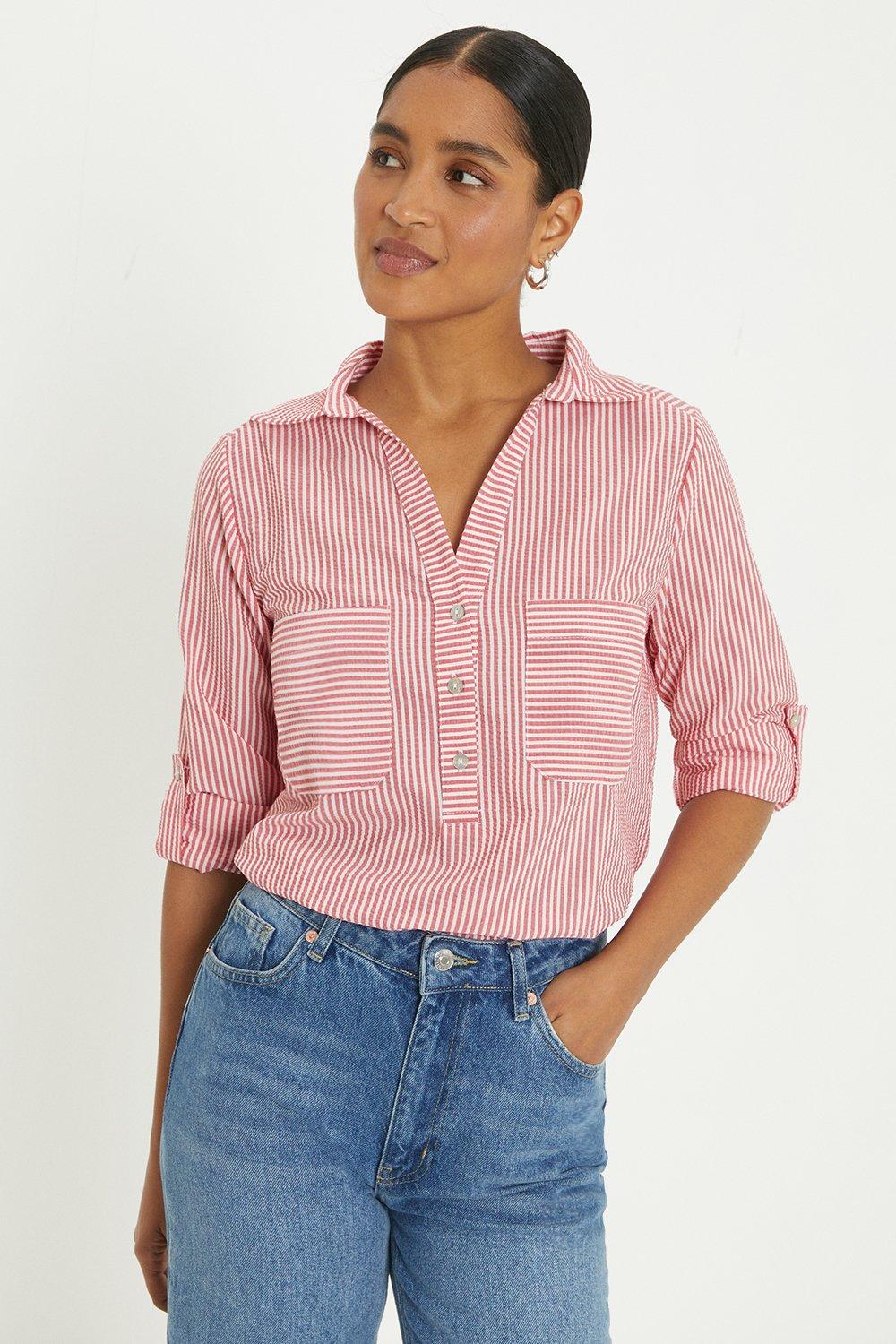 Women’s Pocket Detail Stripe Shirt - red - S