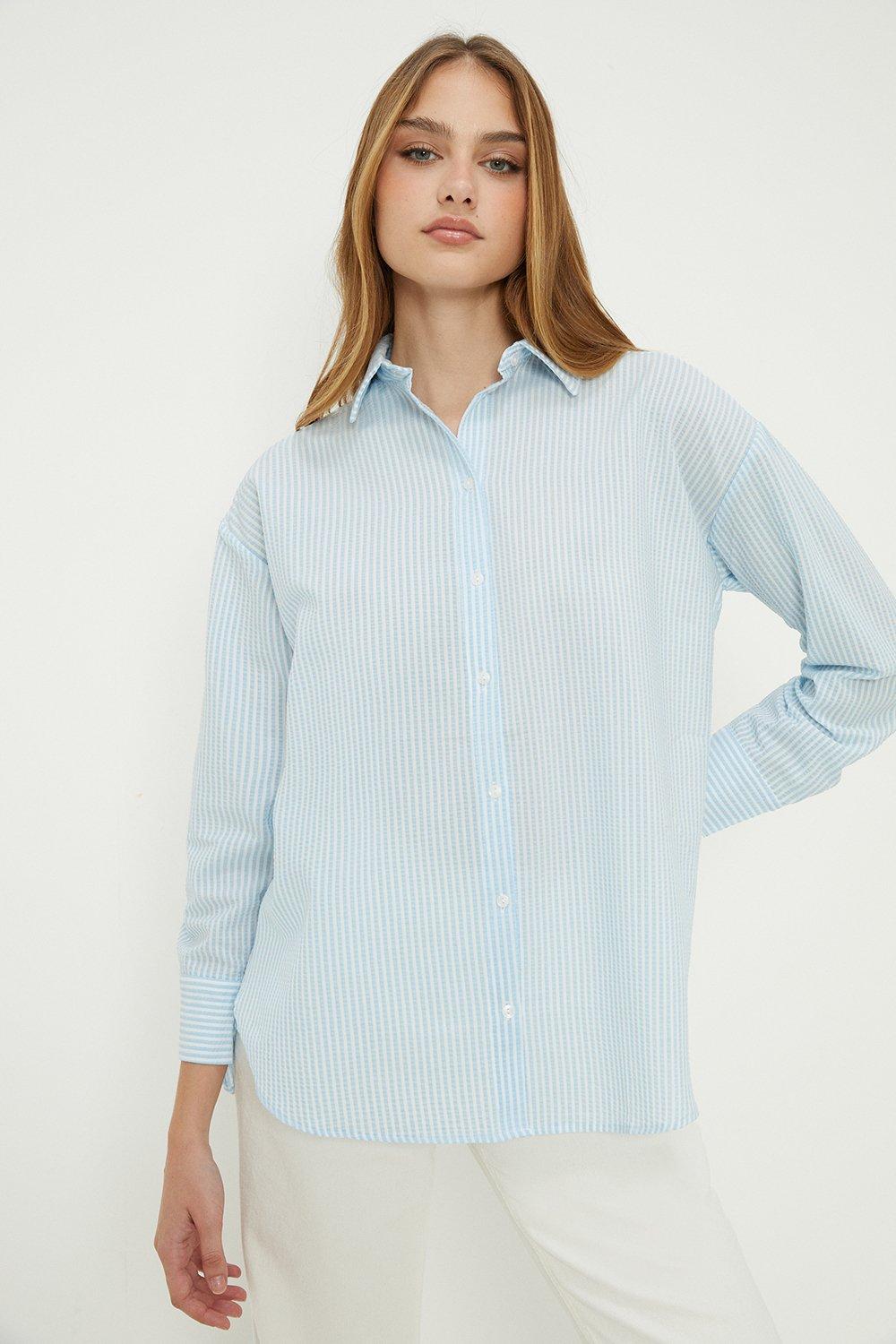 Women’s Stripe Roll Sleeve Shirt With Pockets - blue - L
