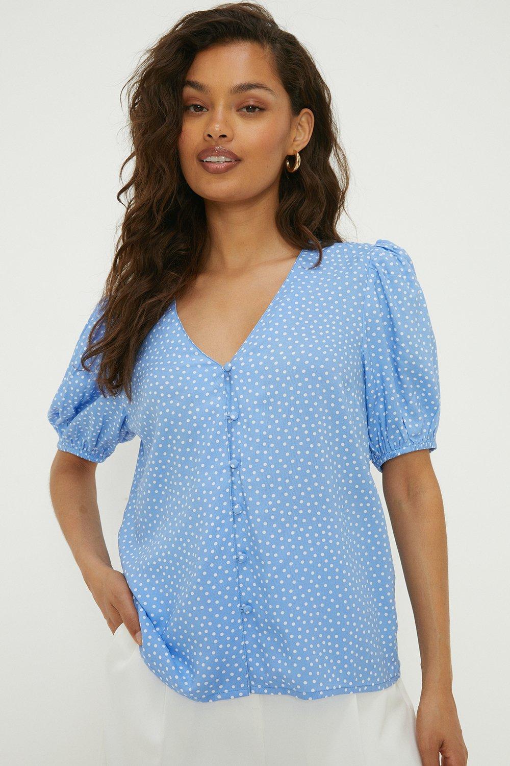 Women’s Petite Button Front Shirred Cuff Top - blue - 10