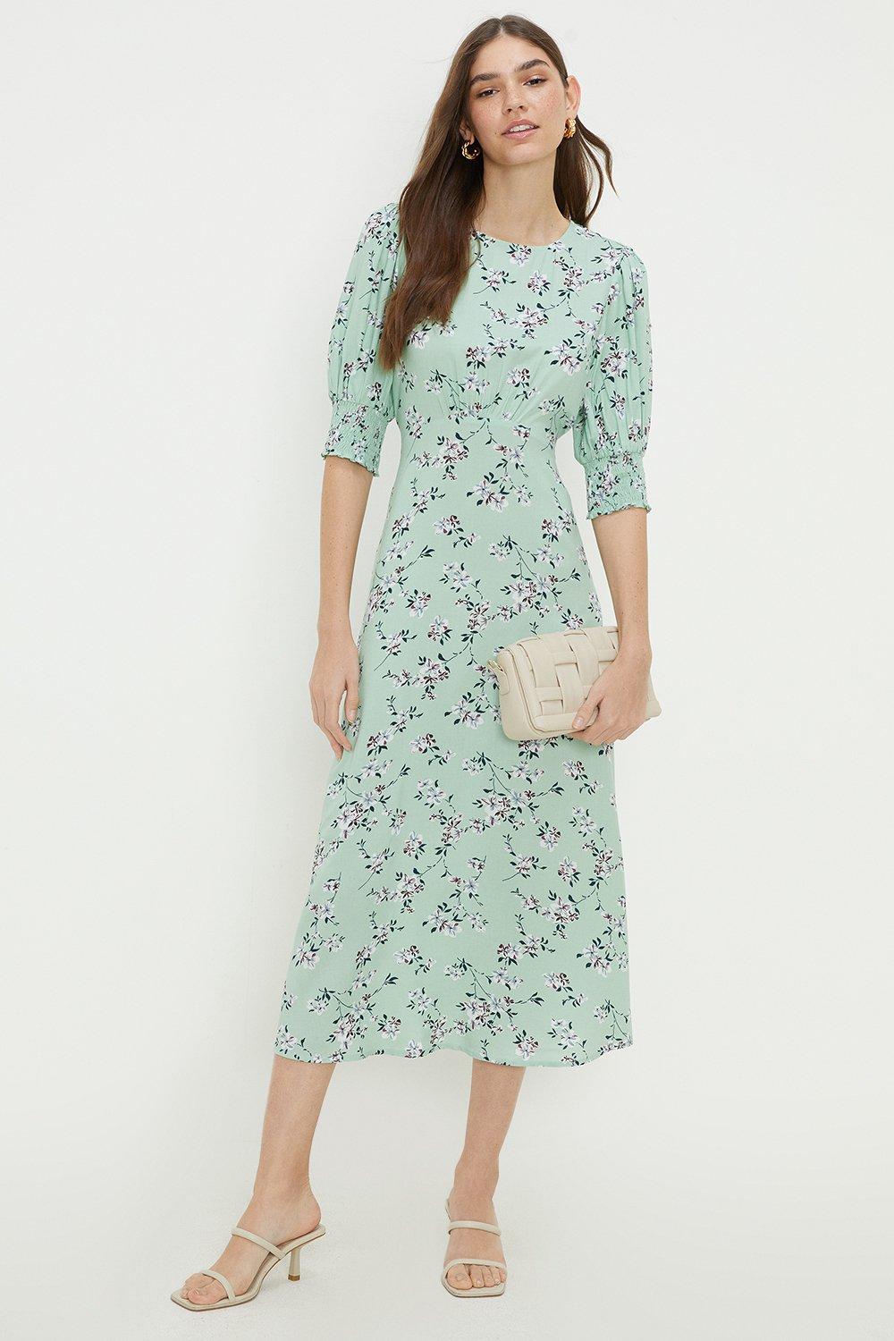 Women’s Sage Floral Shirred Cuff Midi Dress - 8