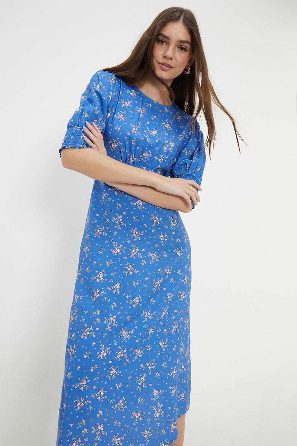 Women’s Blue Ditsy Shirred Cuff Midi Dress - 8