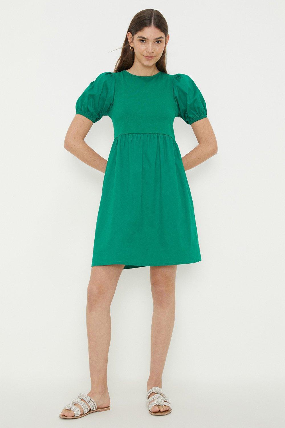 Women’s Poplin Jersey Mix Smock Mini Dress - green - 14