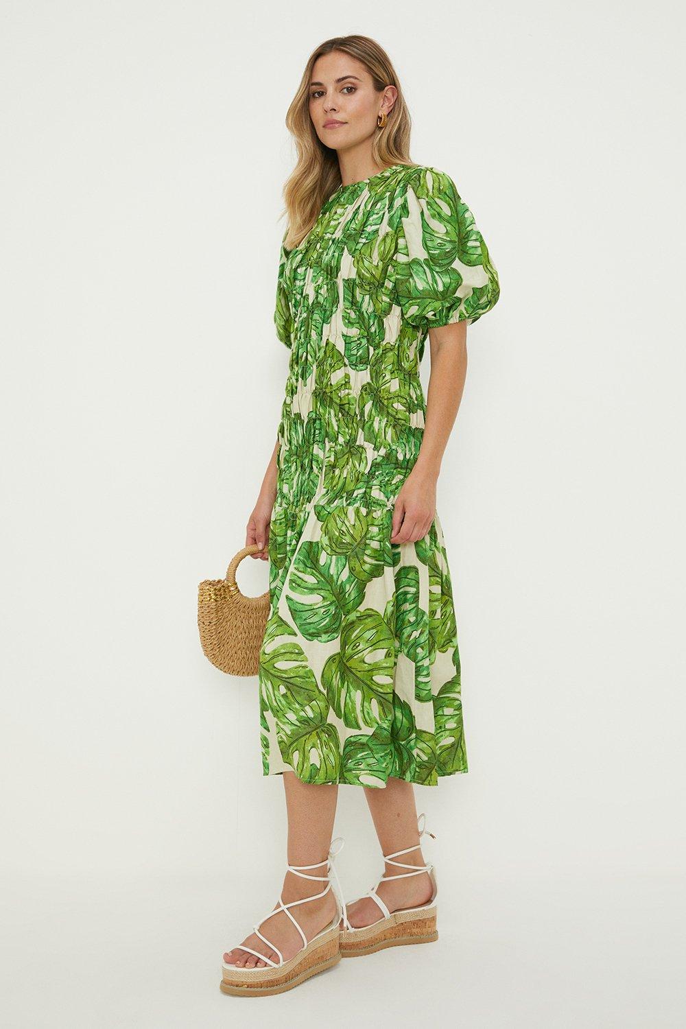 Womens Leaf Printed Shirred Waist Midi Dress