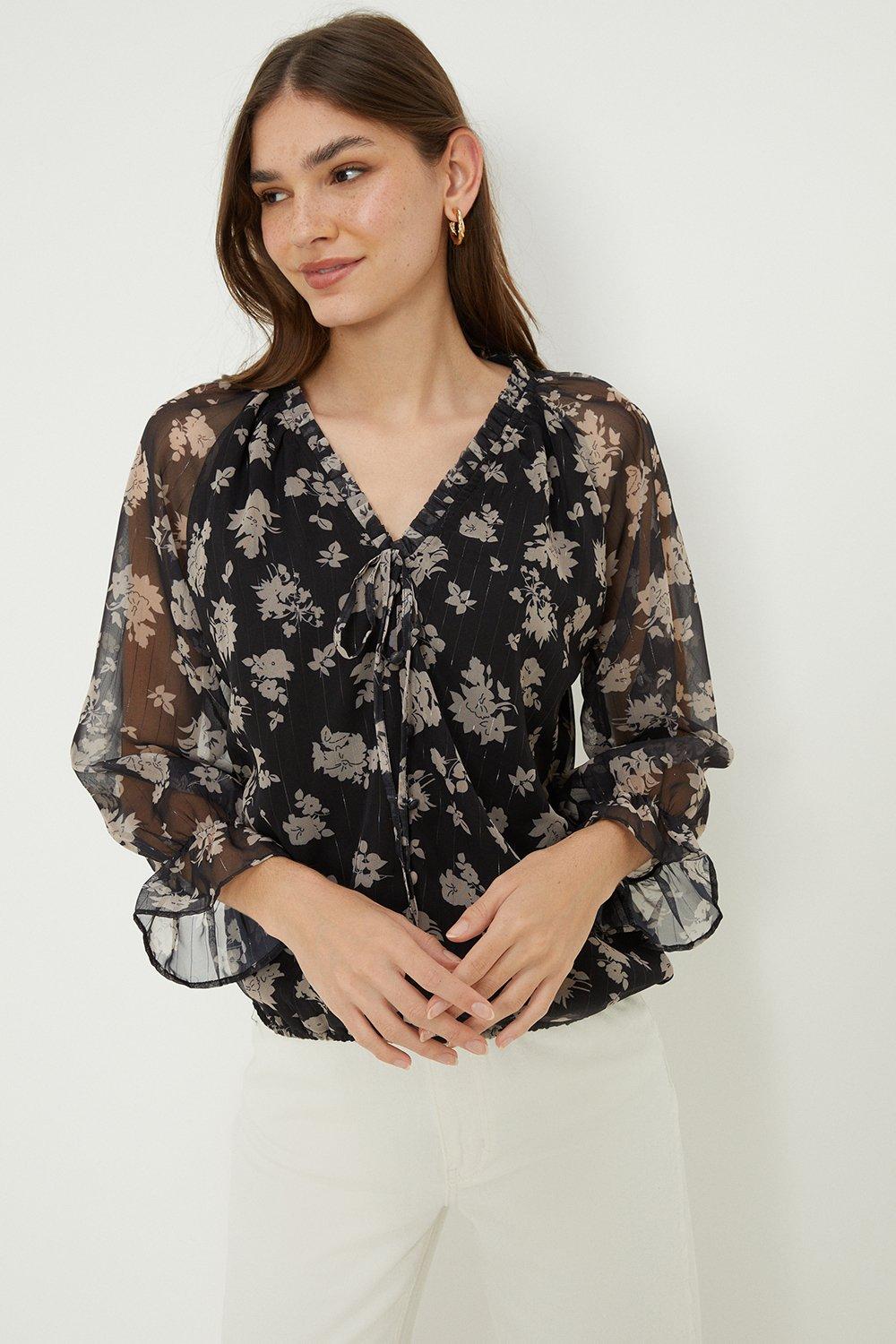 Womens Chiffon Mono Floral Shimmer Tie Front Blouse