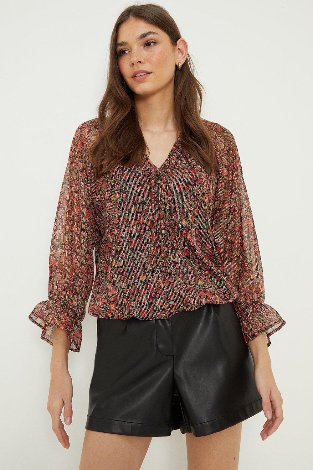 Women’s Chiffon Ditsy Floral Shimmer Tie Front Blouse - mono - 16