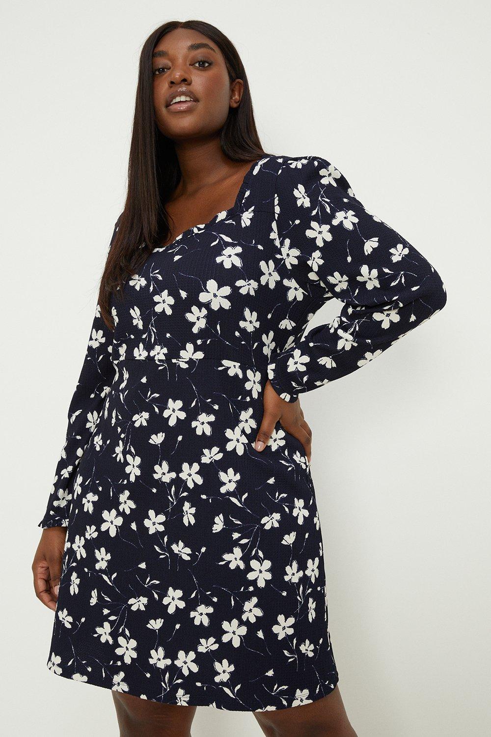 Womens Curve Navy Floral Long Sleeve Dress