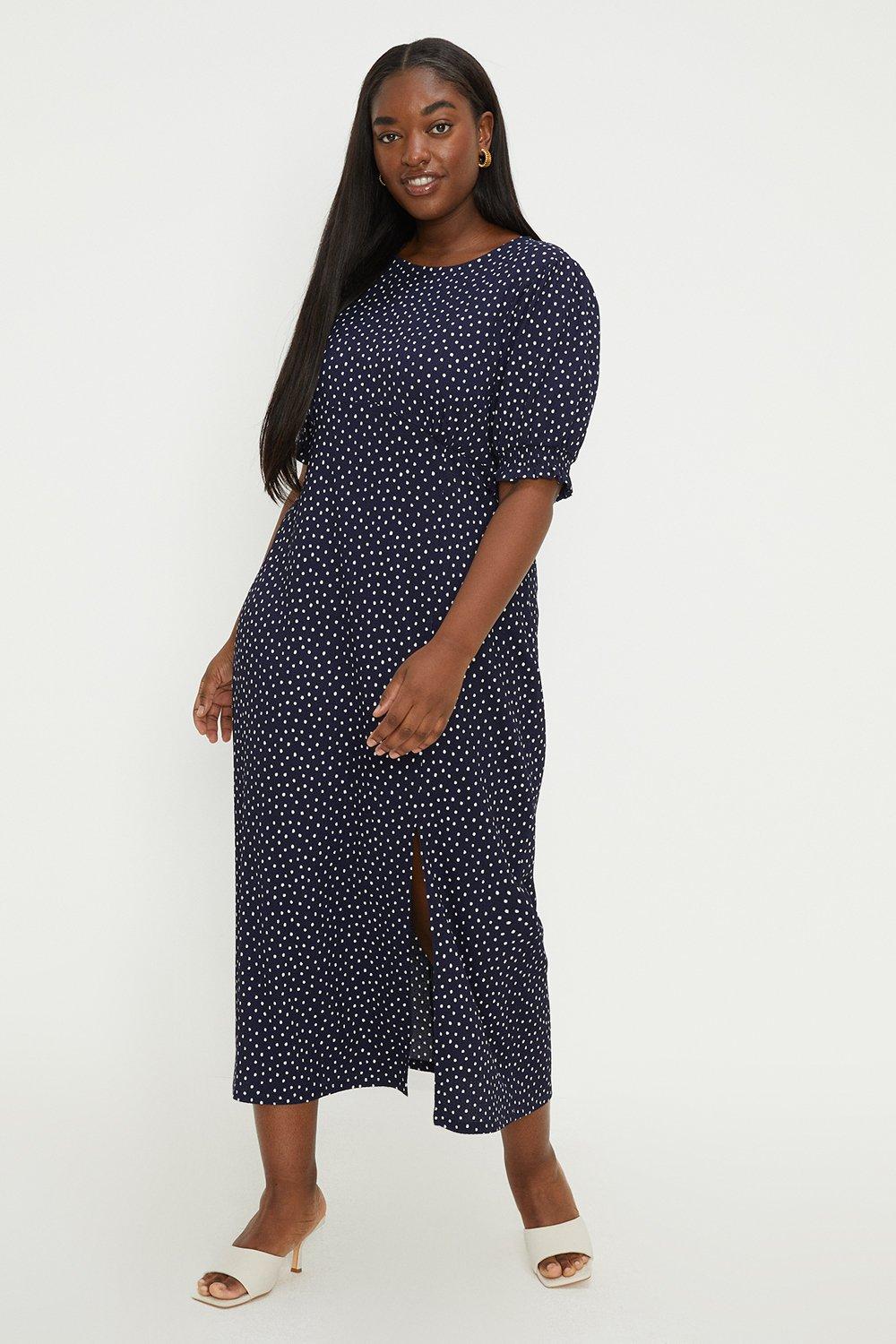 Dresses | Curve Navy Spot Split Midi Dress | Dorothy Perkins