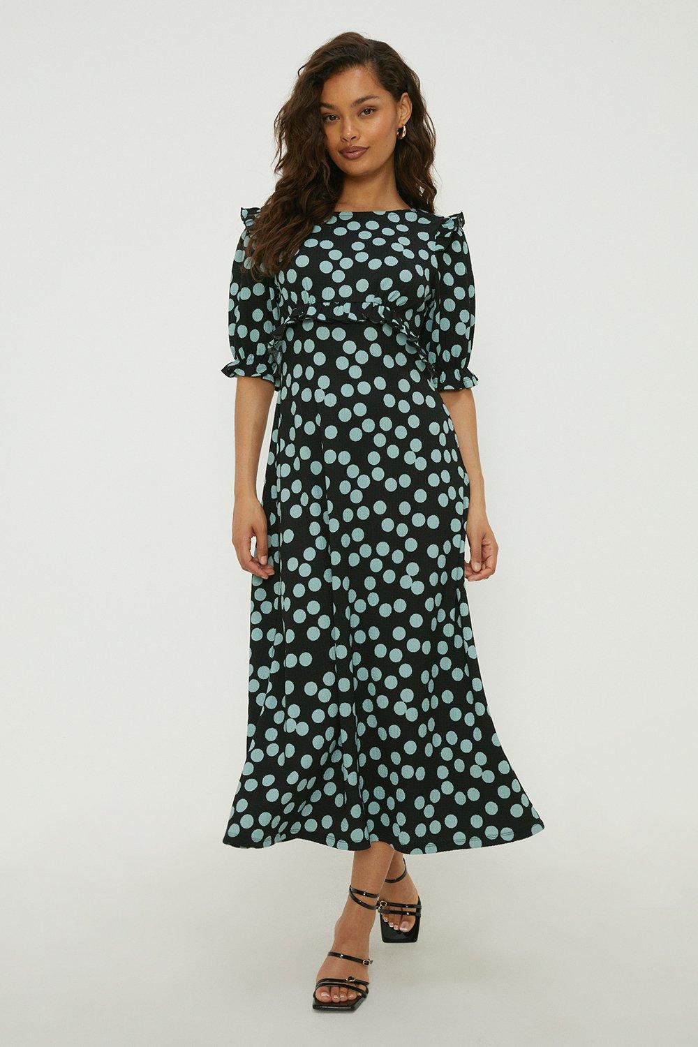 Petite polka dot hotsell ruffle wrap tea dress