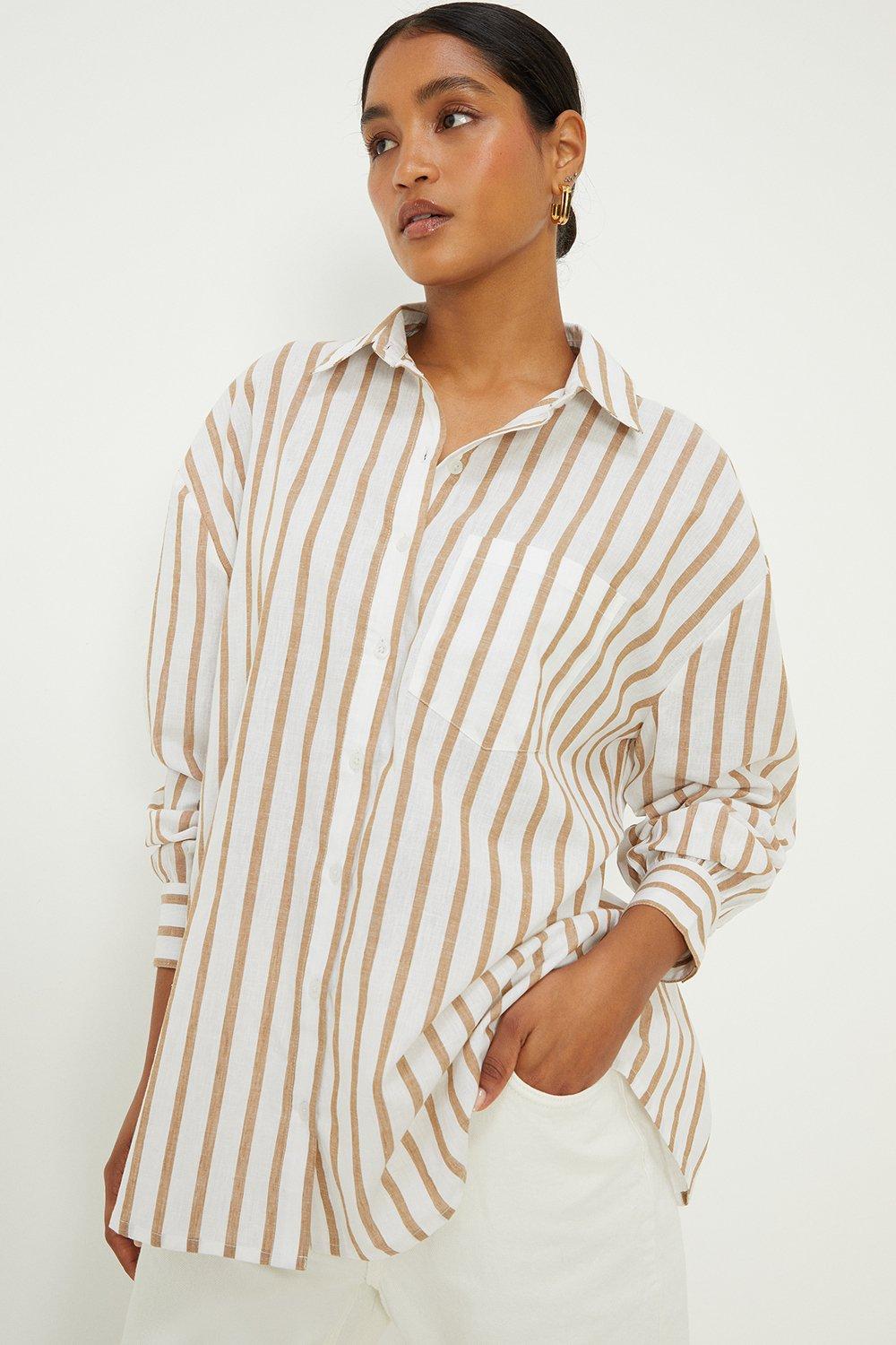 Womens Taupe Stripe Oversized Shirt