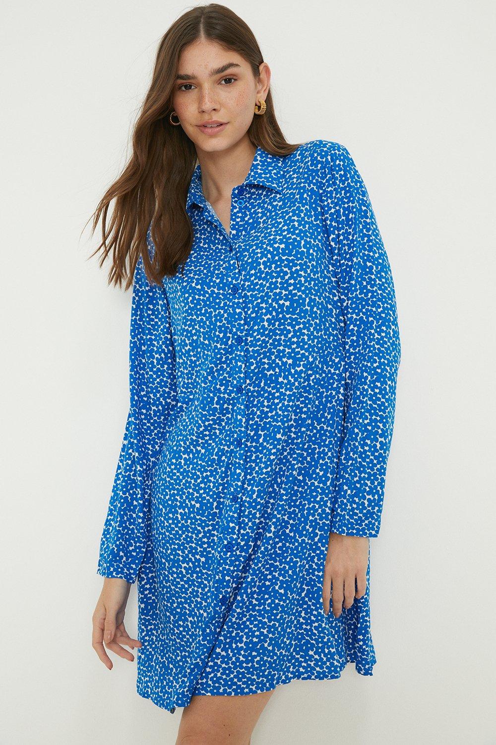 Women’s Blue Floral Mini Shirt Dress - 12