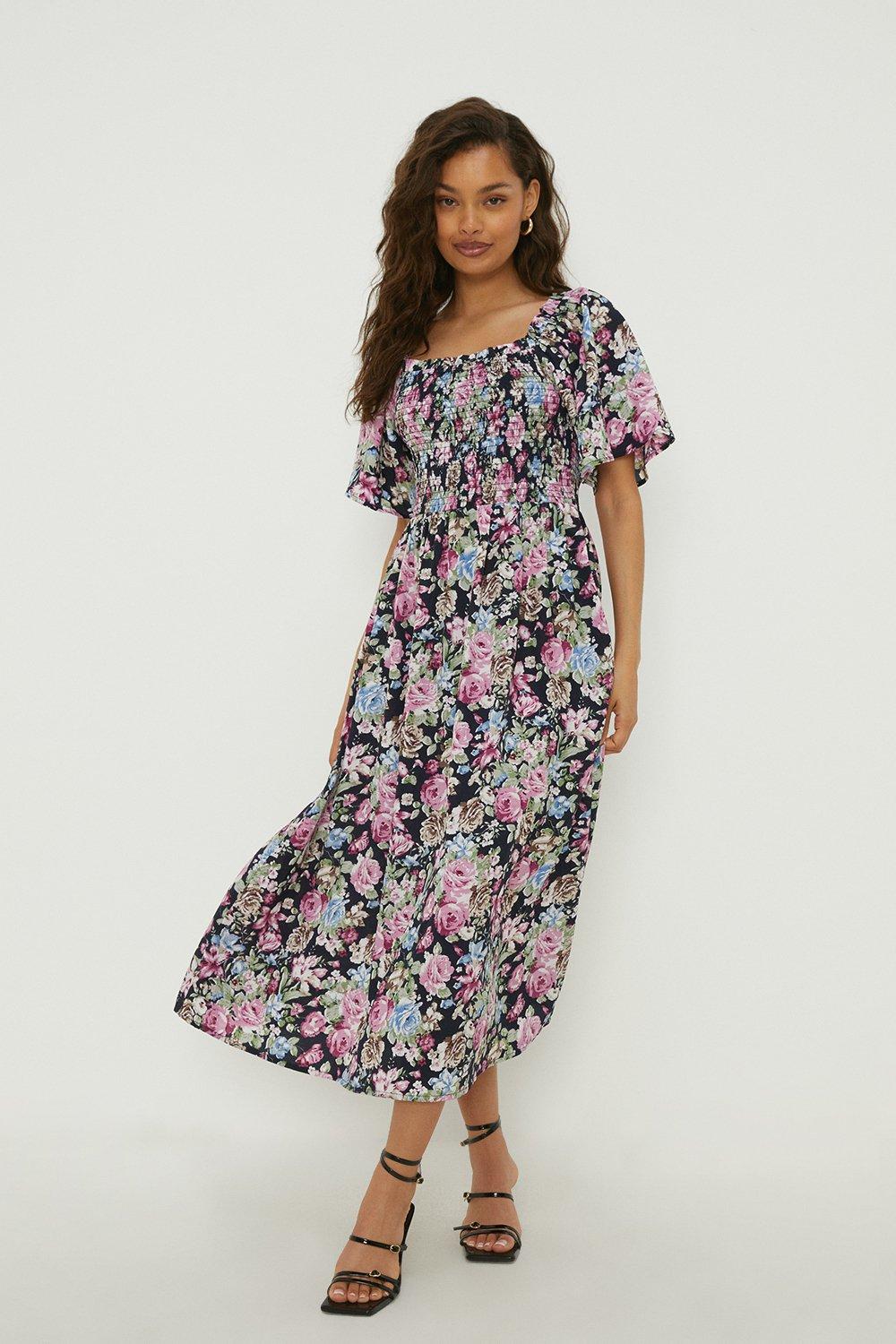 Women’s Petite Navy Large Floral Shirred Bodice Midi Dress - 14