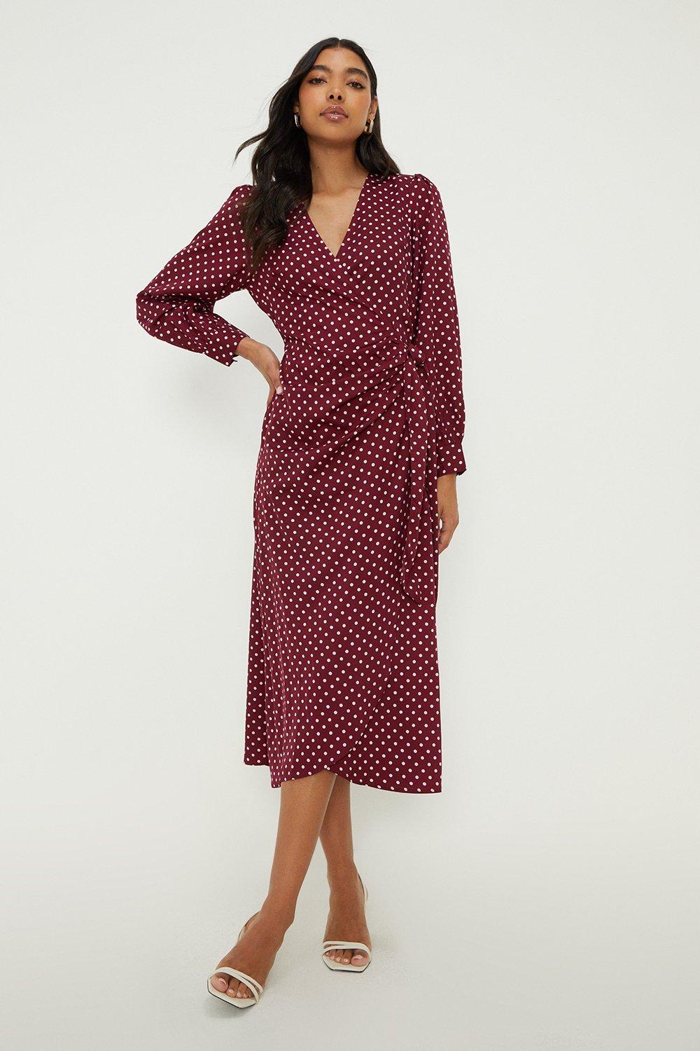 Dresses Burgundy Spot Wrap Midi Dress Dorothy Perkins