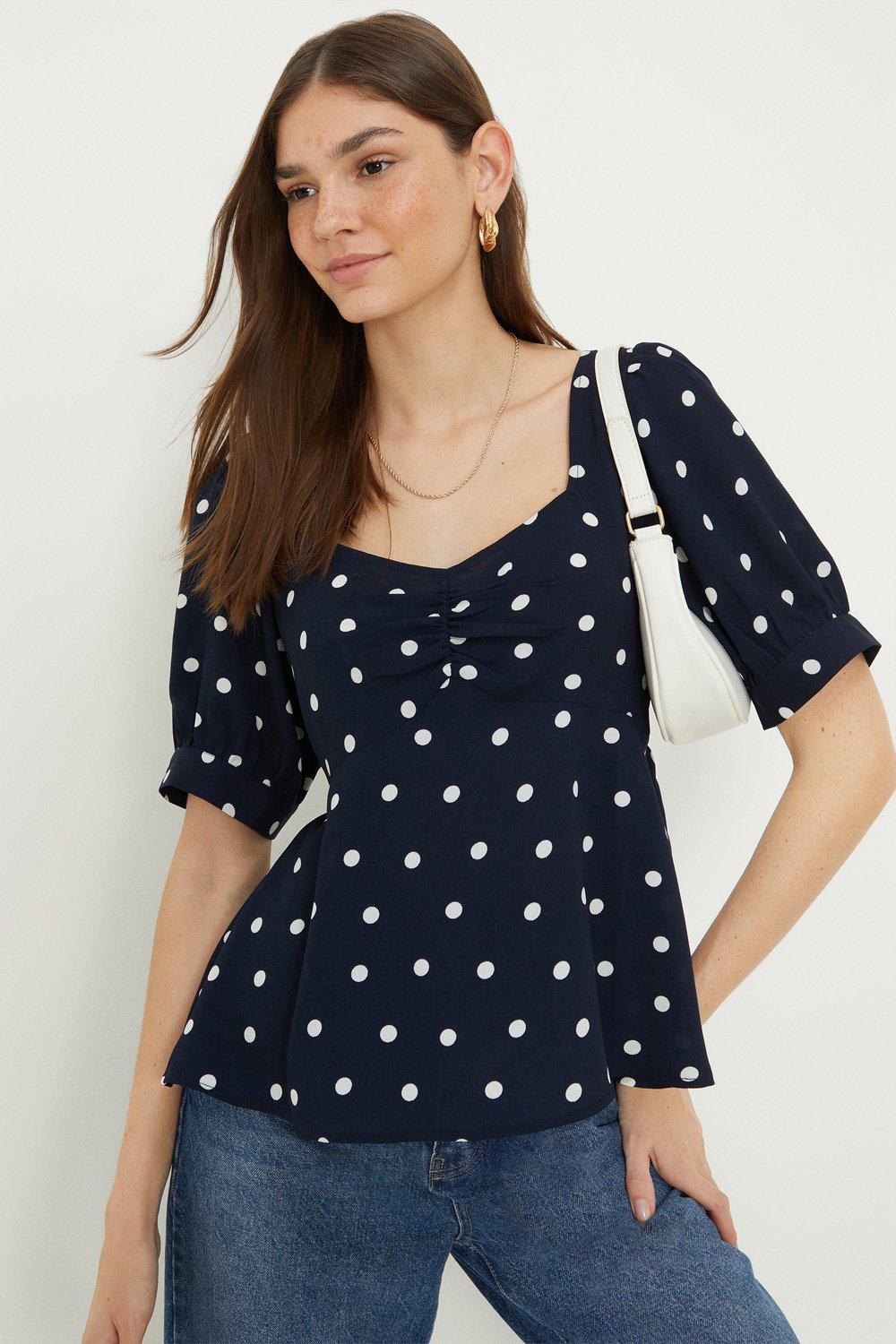 Women’s Navy Spot Ruched Front Short Sleeve Top - 12