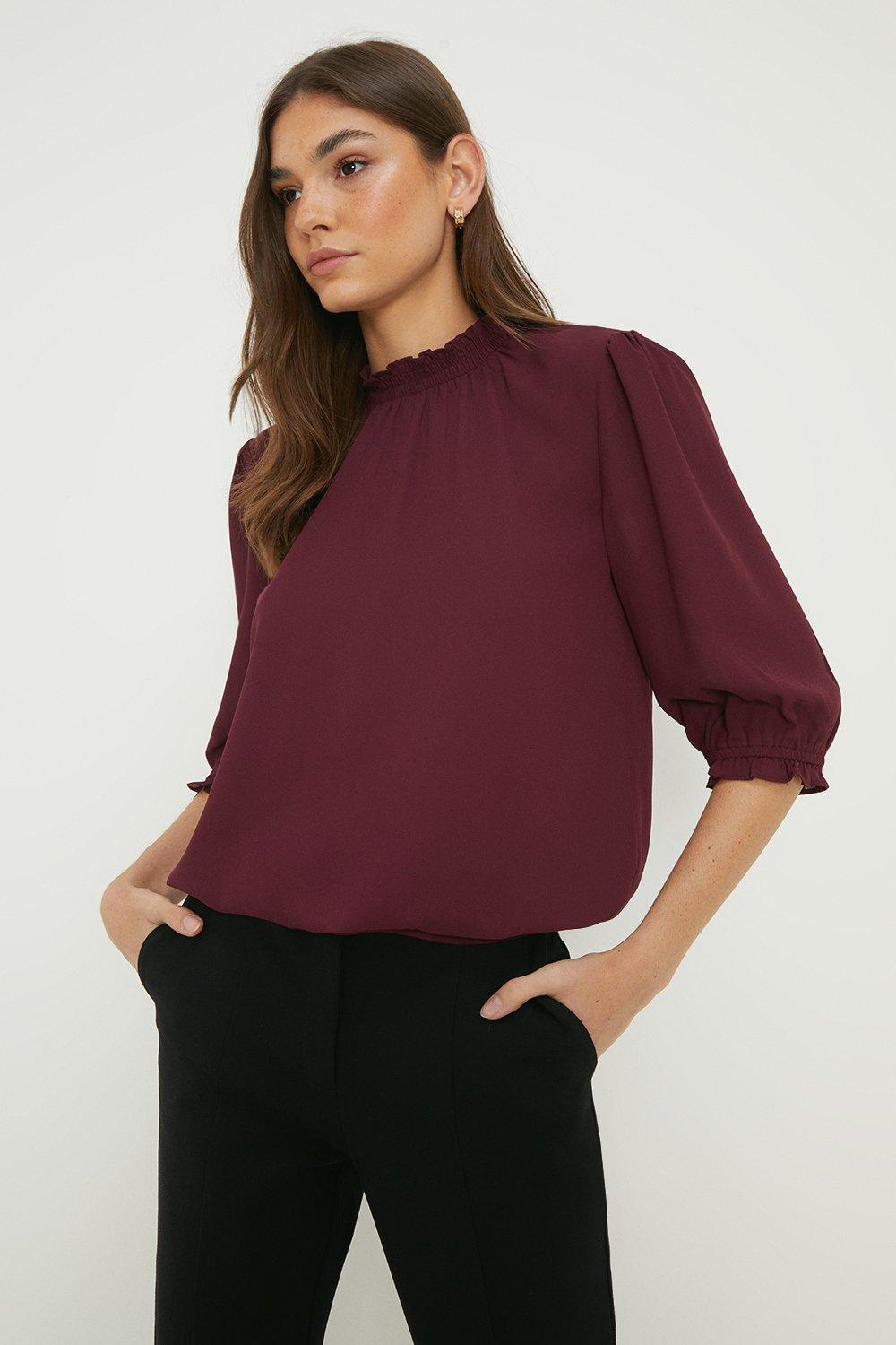 Women’s Tall Shirred Hem Short Sleeve Blouse - burgundy - 12